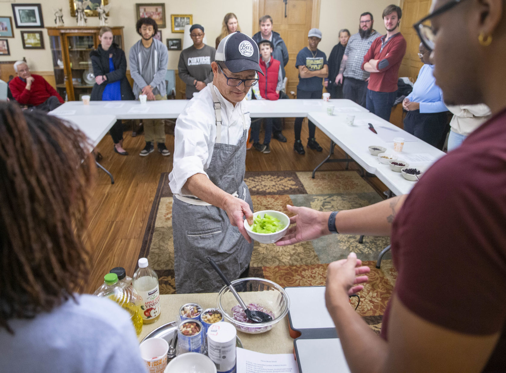 Cooking dinner with staples from food pantry shelves
